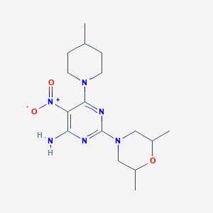 molecular formula C16H26N6O3 B2413846 2-(2,6-Dimethylmorpholin-4-yl)-6-(4-methylpiperidin-1-yl)-5-nitropyrimidin-4-amine CAS No. 573936-75-1