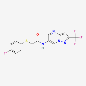 molecular formula C15H10F4N4OS B2413859 2-((4-fluorophenyl)thio)-N-(2-(trifluoromethyl)pyrazolo[1,5-a]pyrimidin-6-yl)acetamide CAS No. 2034234-75-6