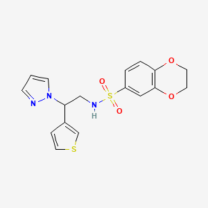 molecular formula C17H17N3O4S2 B2413865 N-(2-(1H-吡唑-1-基)-2-(噻吩-3-基)乙基)-2,3-二氢苯并[b][1,4]二氧杂环-6-磺酰胺 CAS No. 2034569-96-3