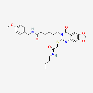 molecular formula C29H36N4O6S B2413910 6-[6-[2-(butylamino)-2-oxoethyl]sulfanyl-8-oxo-[1,3]dioxolo[4,5-g]quinazolin-7-yl]-N-[(4-methoxyphenyl)methyl]hexanamide CAS No. 688061-00-9