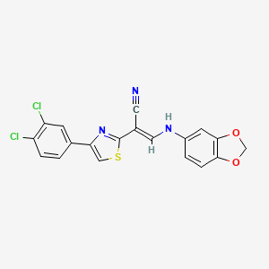 molecular formula C19H11Cl2N3O2S B2413912 (E)-3-(benzo[d][1,3]dioxol-5-ylamino)-2-(4-(3,4-dichlorophenyl)thiazol-2-yl)acrylonitrile CAS No. 378203-73-7