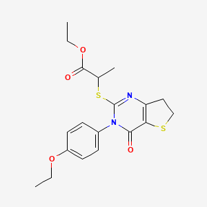 molecular formula C19H22N2O4S2 B2413922 Ethyl 2-((3-(4-ethoxyphenyl)-4-oxo-3,4,6,7-tetrahydrothieno[3,2-d]pyrimidin-2-yl)thio)propanoate CAS No. 362501-86-8