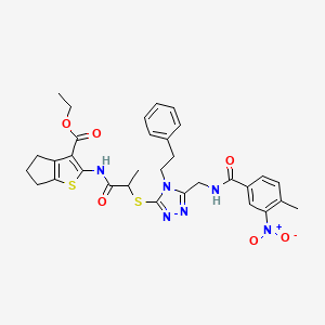 ethyl 2-(2-((5-((4-methyl-3-nitrobenzamido)methyl)-4-phenethyl-4H-1,2,4-triazol-3-yl)thio)propanamido)-5,6-dihydro-4H-cyclopenta[b]thiophene-3-carboxylate