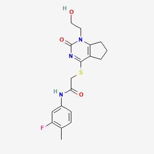 molecular formula C18H20FN3O3S B2413967 N-(3-fluoro-4-methylphenyl)-2-((1-(2-hydroxyethyl)-2-oxo-2,5,6,7-tetrahydro-1H-cyclopenta[d]pyrimidin-4-yl)thio)acetamide CAS No. 899742-92-8