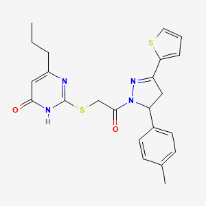 molecular formula C23H24N4O2S2 B2413991 2-((2-oxo-2-(3-(thiophen-2-yl)-5-(p-tolyl)-4,5-dihydro-1H-pyrazol-1-yl)ethyl)thio)-6-propylpyrimidin-4(3H)-one CAS No. 922800-57-5