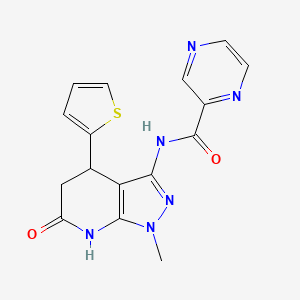 molecular formula C16H14N6O2S B2414108 N-(1-methyl-6-oxo-4-(thiophen-2-yl)-4,5,6,7-tetrahydro-1H-pyrazolo[3,4-b]pyridin-3-yl)pyrazine-2-carboxamide CAS No. 1203131-31-0