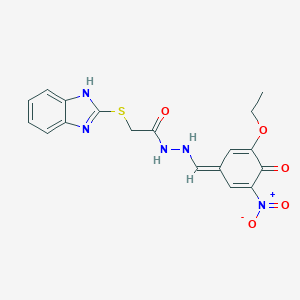 molecular formula C18H17N5O5S B241421 2-(1H-benzimidazol-2-ylsulfanyl)-N'-[(Z)-(3-ethoxy-5-nitro-4-oxocyclohexa-2,5-dien-1-ylidene)methyl]acetohydrazide 