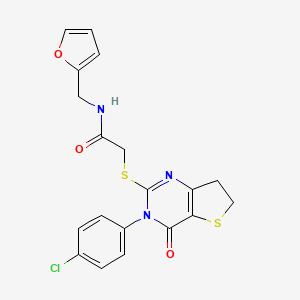 molecular formula C19H16ClN3O3S2 B2414223 2-[[3-(4-chlorophenyl)-4-oxo-6,7-dihydrothieno[3,2-d]pyrimidin-2-yl]sulfanyl]-N-(furan-2-ylmethyl)acetamide CAS No. 687563-80-0