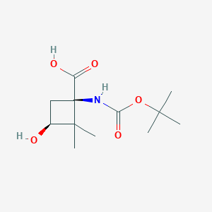molecular formula C12H21NO5 B2414403 (1R,3S)-3-Hydroxy-2,2-dimethyl-1-[(2-methylpropan-2-yl)oxycarbonylamino]cyclobutane-1-carboxylic acid CAS No. 2413848-37-8