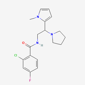 molecular formula C18H21ClFN3O B2414433 2-chloro-4-fluoro-N-(2-(1-methyl-1H-pyrrol-2-yl)-2-(pyrrolidin-1-yl)ethyl)benzamide CAS No. 1049432-29-2