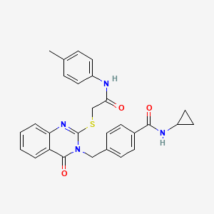molecular formula C28H26N4O3S B2414486 N-cyclopropyl-4-((4-oxo-2-((2-oxo-2-(p-tolylamino)ethyl)thio)quinazolin-3(4H)-yl)methyl)benzamide CAS No. 941982-85-0