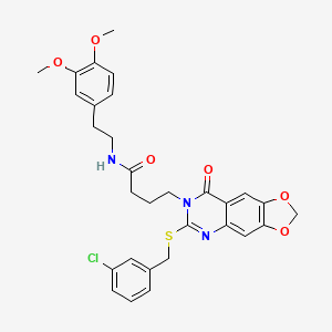 molecular formula C30H30ClN3O6S B2414496 4-(6-((3-chlorobenzyl)thio)-8-oxo-[1,3]dioxolo[4,5-g]quinazolin-7(8H)-yl)-N-(3,4-dimethoxyphenethyl)butanamide CAS No. 688060-50-6