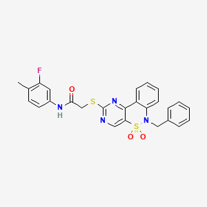 molecular formula C26H21FN4O3S2 B2414515 2-[(6-benzyl-5,5-dioxido-6H-pyrimido[5,4-c][2,1]benzothiazin-2-yl)thio]-N-(3-fluoro-4-methylphenyl)acetamide CAS No. 932313-50-3