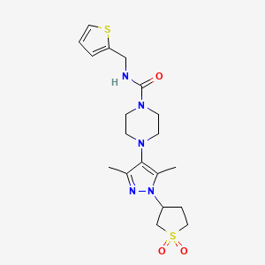 molecular formula C19H27N5O3S2 B2414581 4-(1-(1,1-dioxidotetrahydrothiophen-3-yl)-3,5-dimethyl-1H-pyrazol-4-yl)-N-(thiophen-2-ylmethyl)piperazine-1-carboxamide CAS No. 1251686-21-1