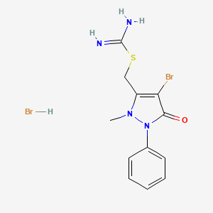 molecular formula C12H14Br2N4OS B2414624 ((4-Bromo-2-methyl-5-oxo-1-phenyl(3-pyrazolin-3-yl))methyl)thiocarboxamidine, hydrobromide CAS No. 14039-66-8