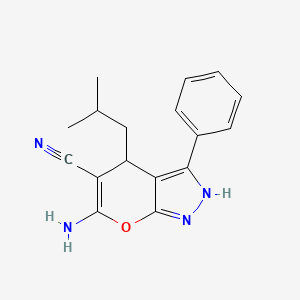 molecular formula C17H18N4O B2414737 6-Amino-4-(2-methylpropyl)-3-phenyl-2,4-dihydropyrano[2,3-c]pyrazole-5-carbonitrile CAS No. 337500-62-6
