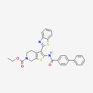 molecular formula C30H25N3O3S2 B2414919 ethyl 3-(1,3-benzothiazol-2-yl)-2-[(4-phenylbenzoyl)amino]-5,7-dihydro-4H-thieno[2,3-c]pyridine-6-carboxylate CAS No. 864927-24-2
