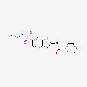 molecular formula C17H16FN3O3S2 B2414976 4-氟-N-[6-(丙基磺酰胺基)-1,3-苯并噻唑-2-基]苯甲酰胺 CAS No. 691388-57-5