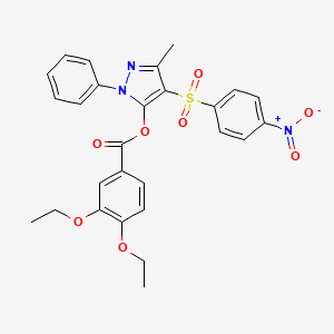 molecular formula C27H25N3O8S B2415081 3-methyl-4-((4-nitrophenyl)sulfonyl)-1-phenyl-1H-pyrazol-5-yl 3,4-diethoxybenzoate CAS No. 851093-59-9