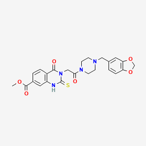 molecular formula C24H24N4O6S B2415127 Methyl 3-(2-(4-(benzo[d][1,3]dioxol-5-ylmethyl)piperazin-1-yl)-2-oxoethyl)-4-oxo-2-thioxo-1,2,3,4-tetrahydroquinazoline-7-carboxylate CAS No. 946216-13-3