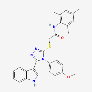 molecular formula C28H27N5O2S B2415140 2-((5-(1H-indol-3-yl)-4-(4-methoxyphenyl)-4H-1,2,4-triazol-3-yl)thio)-N-mesitylacetamide CAS No. 946329-89-1