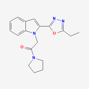 molecular formula C18H20N4O2 B2415160 2-(2-(5-ethyl-1,3,4-oxadiazol-2-yl)-1H-indol-1-yl)-1-(pyrrolidin-1-yl)ethanone CAS No. 941880-19-9