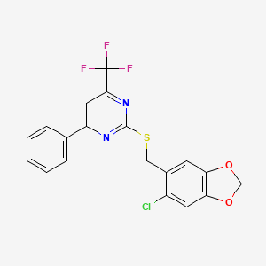 molecular formula C19H12ClF3N2O2S B2415181 2-[(6-Chloro-1,3-benzodioxol-5-yl)methylsulfanyl]-4-phenyl-6-(trifluoromethyl)pyrimidine CAS No. 710289-06-8