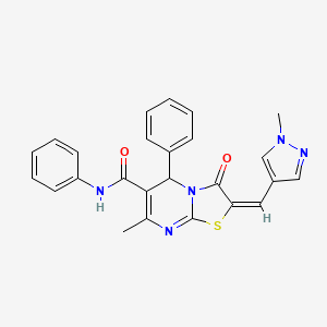 molecular formula C25H21N5O2S B2415205 (E)-7-methyl-2-((1-methyl-1H-pyrazol-4-yl)methylene)-3-oxo-N,5-diphenyl-3,5-dihydro-2H-thiazolo[3,2-a]pyrimidine-6-carboxamide CAS No. 492427-61-9