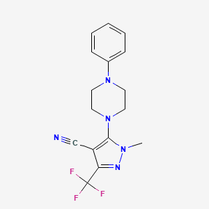molecular formula C16H16F3N5 B2415210 1-methyl-5-(4-phenylpiperazino)-3-(trifluoromethyl)-1H-pyrazole-4-carbonitrile CAS No. 324009-06-5