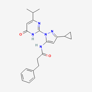molecular formula C22H25N5O2 B2415233 N-(3-cyclopropyl-1-(4-isopropyl-6-oxo-1,6-dihydropyrimidin-2-yl)-1H-pyrazol-5-yl)-3-phenylpropanamide CAS No. 1207018-83-4