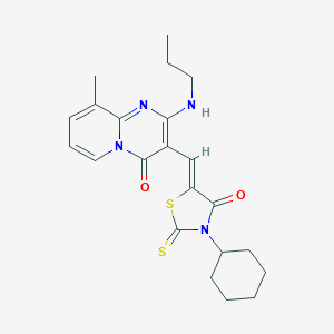 molecular formula C22H26N4O2S2 B241527 (Z)-3-cyclohexyl-5-((9-methyl-4-oxo-2-(propylamino)-4H-pyrido[1,2-a]pyrimidin-3-yl)methylene)-2-thioxothiazolidin-4-one 