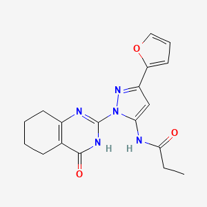 molecular formula C18H19N5O3 B2415315 N-(3-(呋喃-2-基)-1-(4-氧代-3,4,5,6,7,8-六氢喹唑啉-2-基)-1H-吡唑-5-基)丙酰胺 CAS No. 1208812-40-1