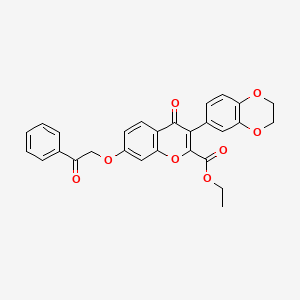 molecular formula C28H22O8 B2415334 3-(2,3-二氢-1,4-苯并二氧杂环-6-基)-4-氧代-7-苯乙酰氧基色满烯-2-羧酸乙酯 CAS No. 672268-42-7