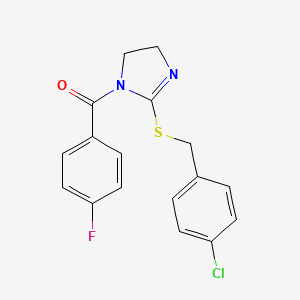 molecular formula C17H14ClFN2OS B2415362 [2-[(4-Chlorophenyl)methylsulfanyl]-4,5-dihydroimidazol-1-yl]-(4-fluorophenyl)methanone CAS No. 851801-71-3