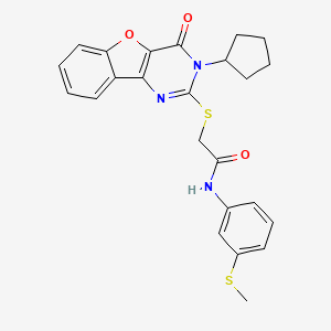 molecular formula C24H23N3O3S2 B2415428 2-((3-シクロペンチル-4-オキソ-3,4-ジヒドロベンゾフランキング[3,2-d]ピリミジン-2-イル)チオ)-N-(3-(メチルチオ)フェニル)アセトアミド CAS No. 899742-59-7