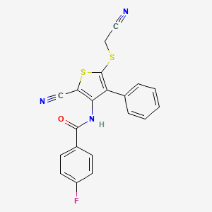 molecular formula C20H12FN3OS2 B2415461 N-{2-cyano-5-[(cyanomethyl)sulfanyl]-4-phenyl-3-thienyl}-4-fluorobenzenecarboxamide CAS No. 860609-93-4