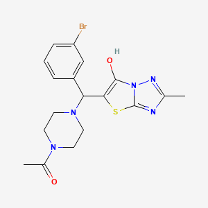 molecular formula C18H20BrN5O2S B2415563 1-(4-((3-Bromophenyl)(6-hydroxy-2-methylthiazolo[3,2-b][1,2,4]triazol-5-yl)methyl)piperazin-1-yl)ethanone CAS No. 869344-49-0