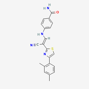 molecular formula C21H18N4OS B2415569 （E）-4-((2-氰基-2-（4-（2,4-二甲苯基）噻唑-2-基）乙烯基）氨基）苯甲酰胺 CAS No. 1321755-12-7