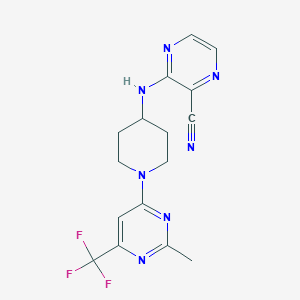 molecular formula C16H16F3N7 B2415619 3-((1-(2-Methyl-6-(trifluoromethyl)pyrimidin-4-yl)piperidin-4-yl)amino)pyrazine-2-carbonitrile CAS No. 2034338-01-5