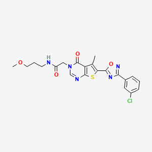 molecular formula C21H20ClN5O4S B2415668 2-(6-(3-(3-chlorophenyl)-1,2,4-oxadiazol-5-yl)-5-methyl-4-oxothieno[2,3-d]pyrimidin-3(4H)-yl)-N-(3-methoxypropyl)acetamide CAS No. 1243073-21-3