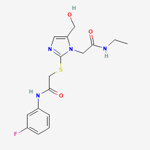 molecular formula C16H19FN4O3S B2415677 N-乙基-2-(2-((2-((3-氟苯基)氨基)-2-氧代乙基)硫)-5-(羟甲基)-1H-咪唑-1-基)乙酰胺 CAS No. 921793-98-8