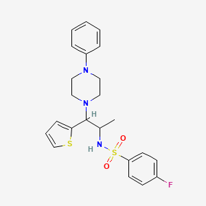 molecular formula C23H26FN3O2S2 B2415682 4-fluoro-N-(1-(4-phenylpiperazin-1-yl)-1-(thiophen-2-yl)propan-2-yl)benzenesulfonamide CAS No. 847381-24-2