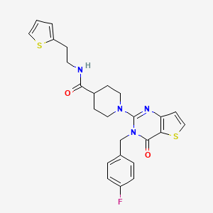 molecular formula C25H25FN4O2S2 B2415764 1-(3-(4-fluorobenzyl)-4-oxo-3,4-dihydrothieno[3,2-d]pyrimidin-2-yl)-N-(2-(thiophen-2-yl)ethyl)piperidine-4-carboxamide CAS No. 1116071-49-8