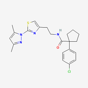 molecular formula C22H25ClN4OS B2415767 1-(4-chlorophenyl)-N-(2-(2-(3,5-dimethyl-1H-pyrazol-1-yl)thiazol-4-yl)ethyl)cyclopentanecarboxamide CAS No. 1421524-29-9