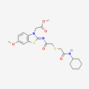 molecular formula C21H27N3O5S2 B2415900 Methyl 2-[2-[2-[2-(cyclohexylamino)-2-oxoethyl]sulfanylacetyl]imino-6-methoxy-1,3-benzothiazol-3-yl]acetate CAS No. 1164476-99-6