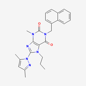 molecular formula C25H26N6O2 B2415930 8-(3,5-dimethyl-1H-pyrazol-1-yl)-3-methyl-1-(naphthalen-1-ylmethyl)-7-propyl-1H-purine-2,6(3H,7H)-dione CAS No. 1020453-34-2