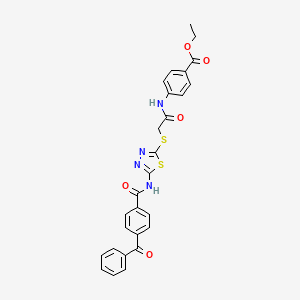 molecular formula C27H22N4O5S2 B2415935 Ethyl 4-[[2-[[5-[(4-benzoylbenzoyl)amino]-1,3,4-thiadiazol-2-yl]sulfanyl]acetyl]amino]benzoate CAS No. 389073-24-9