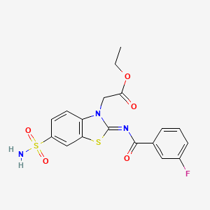 molecular formula C18H16FN3O5S2 B2415988 2-[2-(3-氟苯甲酰)亚氨基-6-磺酰胺基-1,3-苯并噻唑-3-基]乙酸乙酯 CAS No. 865247-55-8