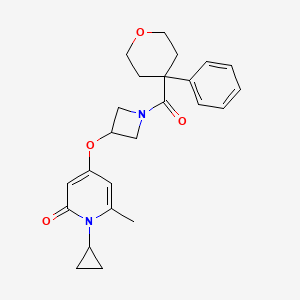 molecular formula C24H28N2O4 B2416082 1-cyclopropyl-6-methyl-4-((1-(4-phenyltetrahydro-2H-pyran-4-carbonyl)azetidin-3-yl)oxy)pyridin-2(1H)-one CAS No. 2034427-58-0