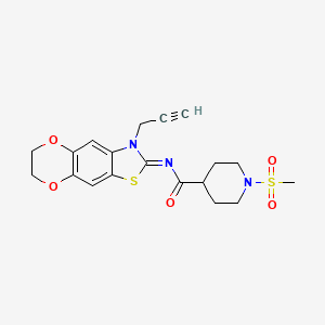 molecular formula C19H21N3O5S2 B2416105 (E)-1-(methylsulfonyl)-N-(3-(prop-2-yn-1-yl)-6,7-dihydro-[1,4]dioxino[2',3':4,5]benzo[1,2-d]thiazol-2(3H)-ylidene)piperidine-4-carboxamide CAS No. 1058243-66-5